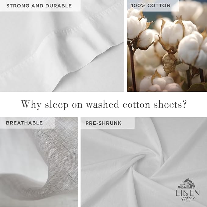 Linen Home Washed Cotton Percale King Sheet Set, White, Deep Pocket, 4 Pieces Bed Sheets - 1 Flat Sheet, 1 Fitted Sheet & 2 Envelope Closure Pillowcases, Cool and Comfortable Bed Linen - LeafyLoom