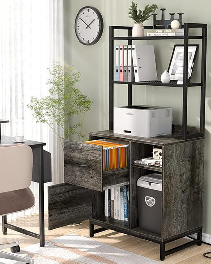 Homieasy Vertical Filing Cabinet with Lock & Charging Station, Large Drawer Wood File Cabinet with Bookshelf, Printer Stand with Open Storage Shelf, fits Letter Size for Home Office, Grey Oak - LeafyLoom