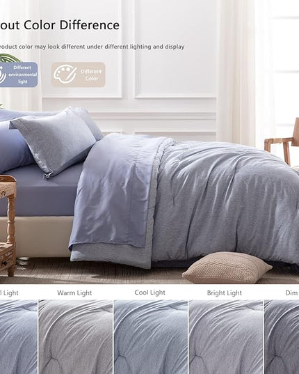 UNILIBRA King Comforter Set 7 Pieces Bed in a Bag - Blue King Soft Bedding Set for All Seasons - Cationic Dyeing Bed Comforter Sets with Comforter, Flat Sheet, Fitted Sheet, Pillowcases & Shams - LeafyLoom