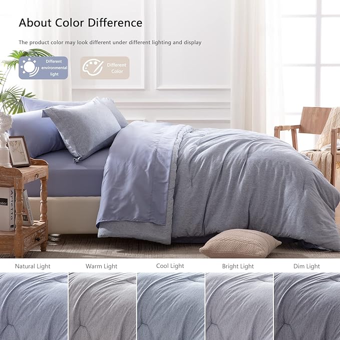 UNILIBRA Queen Comforter Set 7 Pieces Bed in a Bag - Blue Queen Soft Bed Set for All Seasons - Cationic Dyeing Bedding Comforter Sets with Comforter, Flat Sheet, Fitted Sheet, Pillowcases & Shams - LeafyLoom
