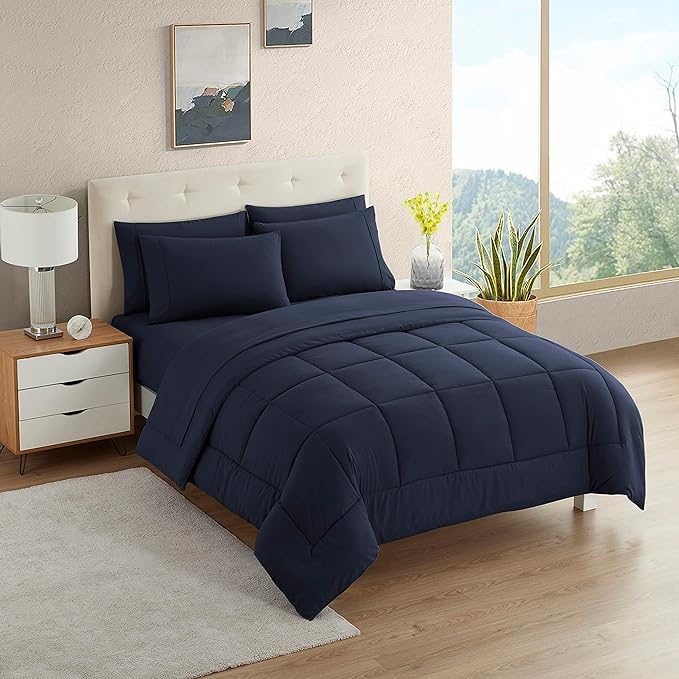 Sweet Home Collection Bedding Set, 5 Piece Twin XL Comforter Set with Navy Blue Microfiber Bed in a Bag for College Students - LeafyLoom