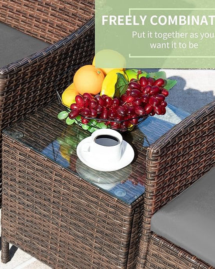 Greesum 3 Pieces Patio Furniture Sets Outdoor PE Rattan Wicker Chairs with Soft Cushion and Glass Coffee Table for Garden Backyard Porch Poolside, Brown and Gray - LeafyLoom