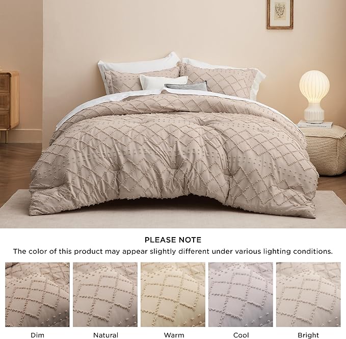 Bedsure King Size Comforter Set - Warm Tan Boho Tufted Shabby Chic Bedding Comforter Set, 3 Pieces Vintage Farmhouse Bed Set for All Seasons, Fluffy Soft Bedding Set with 2 Pillow Shams - LeafyLoom