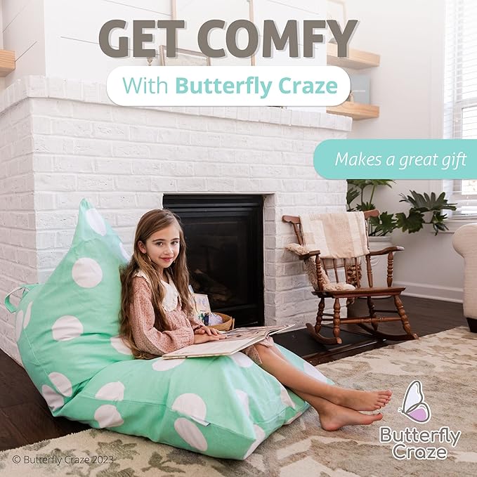 Butterfly Craze Bean Bag Chair Cover, Functional Toddler Toy Organizer, Fill with Stuffed Animals to Create a Jumbo, Comfy Floor Lounger for Boys or Girls, Stuffing Not Included, Aqua Polka Dots - LeafyLoom