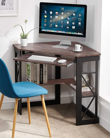 VECELO Corner Computer Desk 41 x 30 inches with Smooth Keyboard & Storage Shelves for Home Office Workstation, Rustic Natural Brown - LeafyLoom