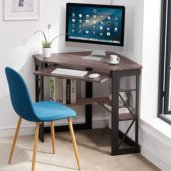 VECELO Corner Computer Desk 41 x 30 inches with Smooth Keyboard & Storage Shelves for Home Office Workstation, Rustic Natural Brown - LeafyLoom