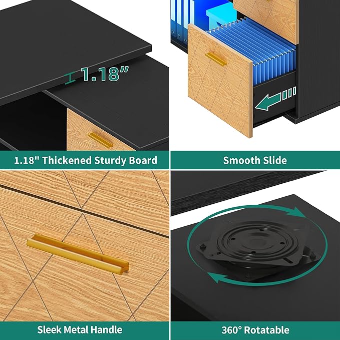 DWVO L Shaped Desk with Drawers, 59" Corner Computer Desk with Power Outlets & LED Lights, 360 Rotating Corner Desk Office Desk with Bookshelf, Wood Desk, Black - LeafyLoom