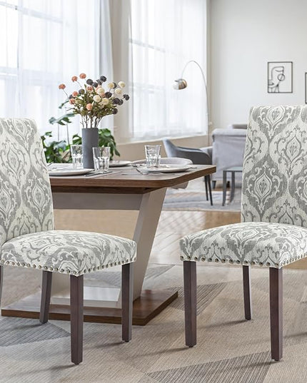 COLAMY Upholstered Parsons Dining Chairs Set of 6, Fabric Dining Room Kitchen Side Chair with Nailhead Trim and Wood Legs - Grey/White Flower - LeafyLoom
