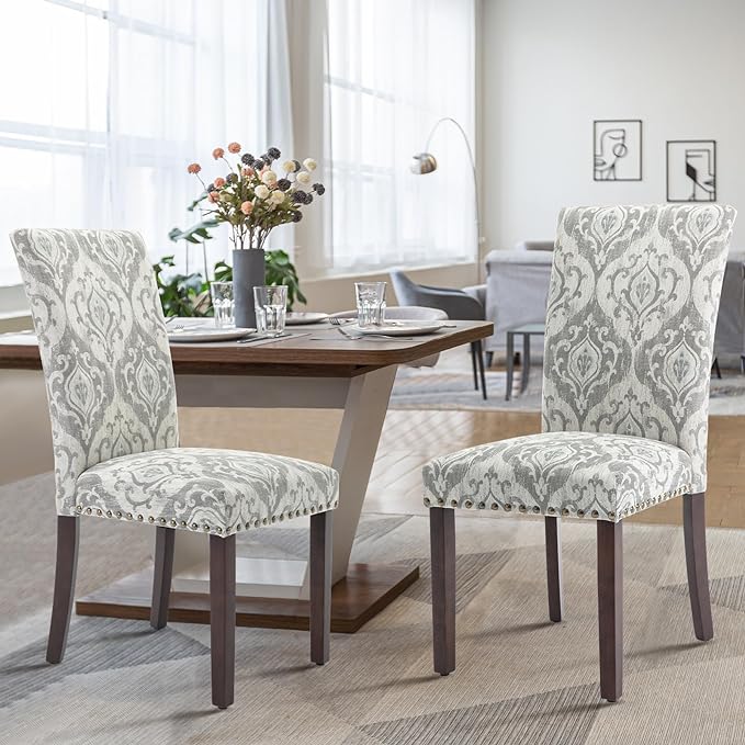 COLAMY Upholstered Parsons Dining Chairs Set of 6, Fabric Dining Room Kitchen Side Chair with Nailhead Trim and Wood Legs - Grey/White Flower - LeafyLoom