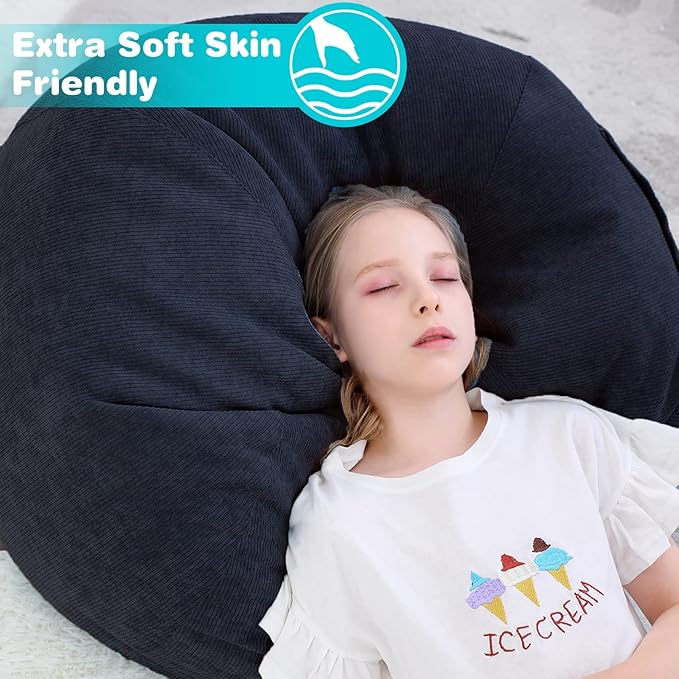 Bean Bag Chair Cover (No Filler) Stuffed Animal Storage for Kids .Soft Premium Corduroy Stuffable Beanbag for Organizing Children Plush Toys or Memory Foam Small 100L (Black) - LeafyLoom