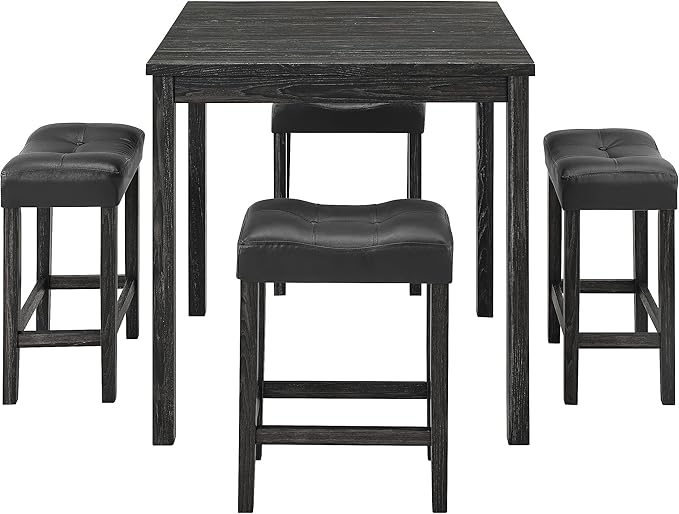 RITSU 5 Piece Industrial Bistro Dining Set, Square Breakfast Table + 4 Upholstered Stools, for Living, Small Apartment, Kitchen, Farmhouse, Game Room, Black - LeafyLoom