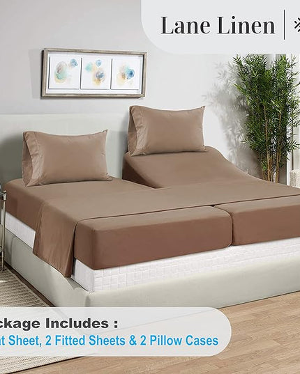 LANE LINEN Split King Sheets for Adjustable Beds - 1000 Thread Count 5 Piece Set 100% Egyptian Cotton Sateen Weave Cool Breathable & Soft 2 Fitted Fits Upto 17" Deep Pockets Taupe - LeafyLoom
