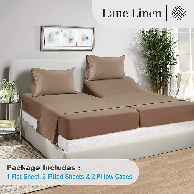 LANE LINEN Split King Sheets for Adjustable Beds - 1000 Thread Count 5 Piece Set 100% Egyptian Cotton Sateen Weave Cool Breathable & Soft 2 Fitted Fits Upto 17" Deep Pockets Taupe - LeafyLoom
