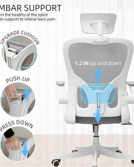 Office Chair, Ergonomic Office Chair, Home Office Desk Chairs with Lumbar Support, 3D Headrest and Flip Up Arms, Rockable Swivel Computer Chair Grey Mesh Chair for Home Office - LeafyLoom