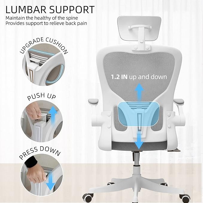 Office Chair, Ergonomic Office Chair, Home Office Desk Chairs with Lumbar Support, 3D Headrest and Flip Up Arms, Rockable Swivel Computer Chair Grey Mesh Chair for Home Office - LeafyLoom