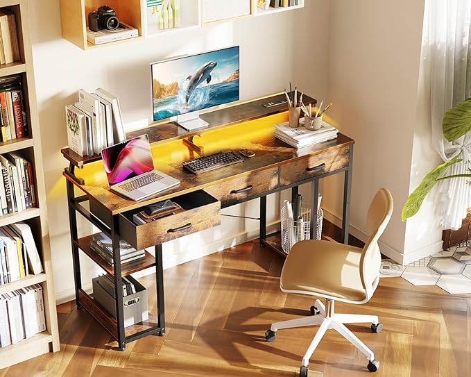 AODK 55 inch Computer Desk with 3 Drawers, Gaming Desk with LED Lights & Power Outlets, Home Office Desk with Storage Shelves & Monitor Stand, Modern Work Study Writing Table for Small Spaces, Vintage - LeafyLoom