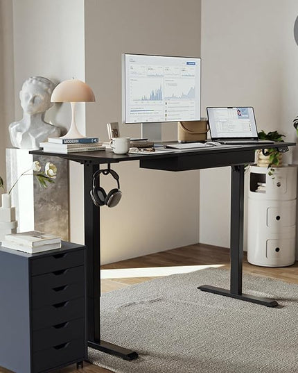 Adjustable Height Electric Standing Desk with Storage Wooden Drawer, 63 x 24 Inches Stand Up Home Office Computer Gaming Table with Splice Board for Work Office Home, Black - LeafyLoom