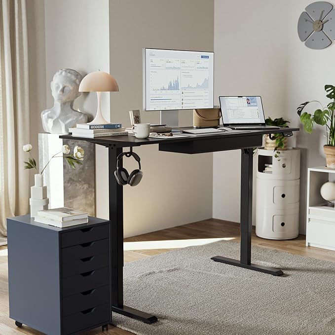 Adjustable Height Electric Standing Desk with Storage Wooden Drawer, 63 x 24 Inches Stand Up Home Office Computer Gaming Table with Splice Board for Work Office Home, Black - LeafyLoom