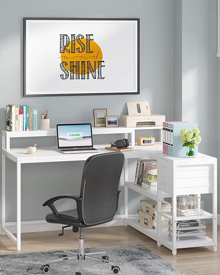 Reversible L-Shaped Computer Desk with hutch & Shelf,white - LeafyLoom