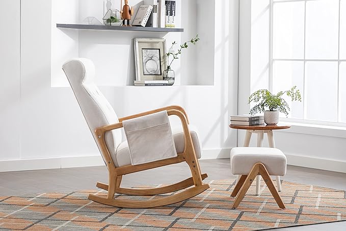 Armchair with Ottoman, Mid-Century Upholstered Accent Nursery, Glider Rocker Thick Cushion, Comfy Indoor Leisure Lounge Living Room, Bedroom, Office, Rocking Chair, Beige - LeafyLoom