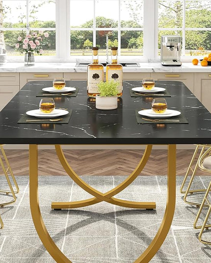 Dining Room Table, Kitchen Table with Faux Marble Table Top and Gold Metal Legs - LeafyLoom