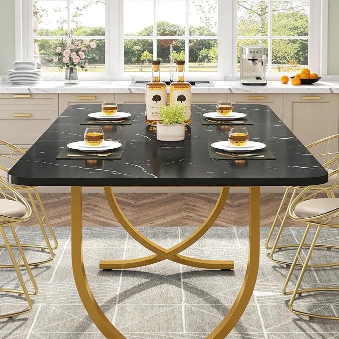 Dining Room Table, Kitchen Table with Faux Marble Table Top and Gold Metal Legs - LeafyLoom