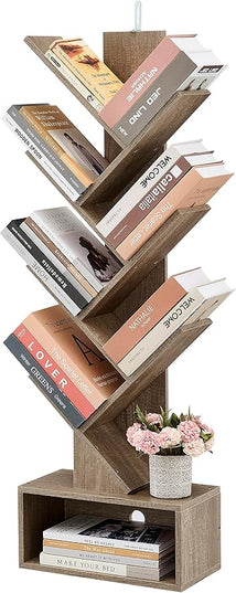 Hoctieon 6 Tier Tree Bookshelf, Tall Bookcase with Drawer, Freestanding Book shelf, Display Floor Standing Storage Shelf, Book Organizer Shelves for Home Office, Living Room, Bedroom, Greige - LeafyLoom