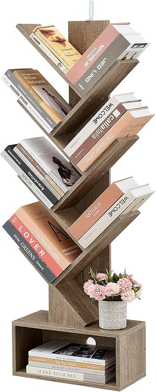 Hoctieon 6 Tier Tree Bookshelf, Tall Bookcase with Drawer, Freestanding Book shelf, Display Floor Standing Storage Shelf, Book Organizer Shelves for Home Office, Living Room, Bedroom, Greige - LeafyLoom