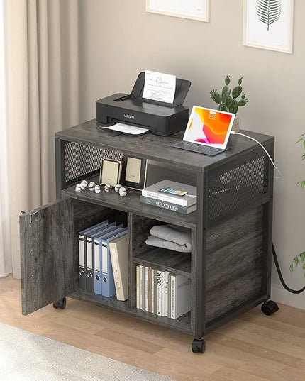 Unikito Rolling File Cabinet Lateral Office Filing Cabinets with Socket and USB Charging Port, Modern Printer Stand on Wheels Printer Cabinet with Door and Open Storage, Lockable, Black Oak - LeafyLoom