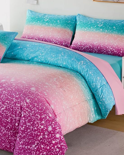 URBONUR Queen Comforter Set for Girls Teens Kids Ombre Purple Orange Teal Bedding Set Soft & Fluffy Girls Bed Set for Queen Bed Comforters with Sheets Set - LeafyLoom