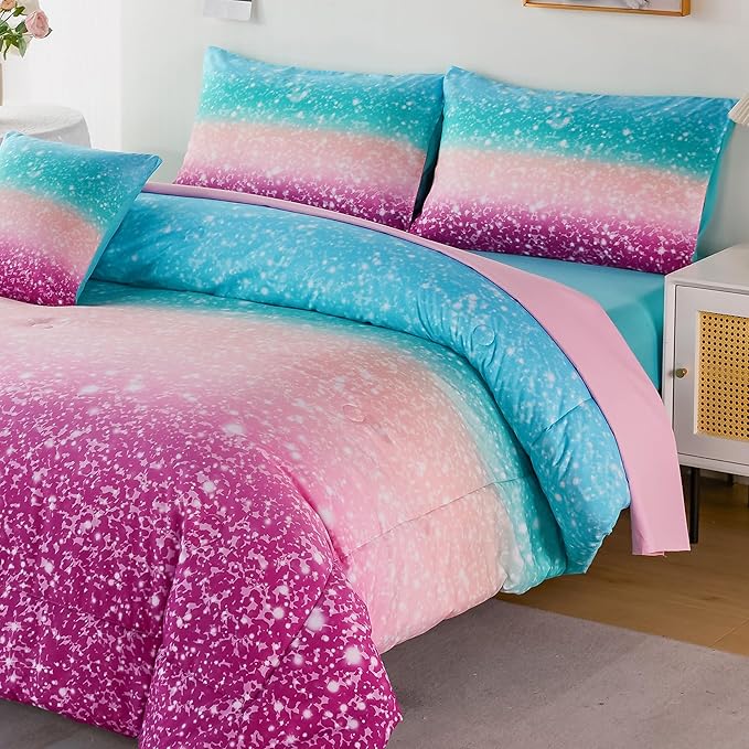 URBONUR Queen Comforter Set for Girls Teens Kids Ombre Purple Orange Teal Bedding Set Soft & Fluffy Girls Bed Set for Queen Bed Comforters with Sheets Set - LeafyLoom