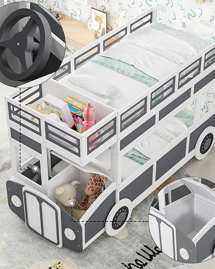 Twin over Twin Bus-shaped Bunk Bed with Wheels,Kids Car-Shaped Bedframe W/Storage,Space Saving,No Box Spring Needed,Wood Toy Bedroom Furniture for Boys Toddlers Teens Child,Gray+White - LeafyLoom