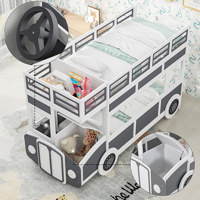 Twin over Twin Bus-shaped Bunk Bed with Wheels,Kids Car-Shaped Bedframe W/Storage,Space Saving,No Box Spring Needed,Wood Toy Bedroom Furniture for Boys Toddlers Teens Child,Gray+White - LeafyLoom