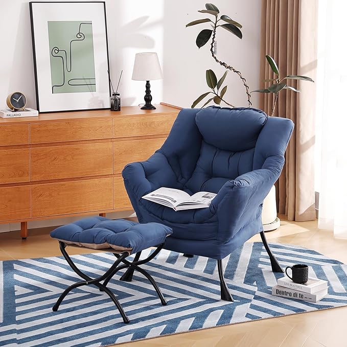 Lazy Chair with Ottoman, Modern Chair with Folding Footrest, Lounge Accent Chair, Comfortable Reading Chair (Royal Blue) - LeafyLoom