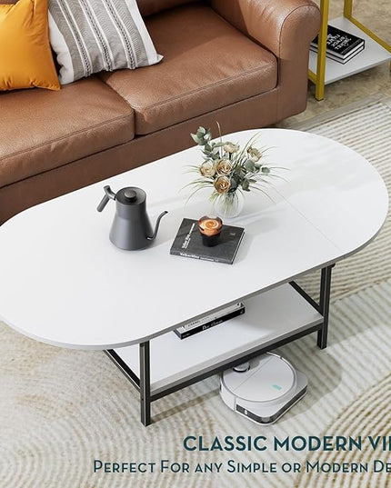 SAYGOER White Coffee Table Modern Extended Coffee Tables with Storage for Living Room 2-Tier Unique Center Table with Two Foldable Panel for Any Large or Small Space, White - LeafyLoom