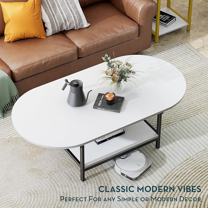 SAYGOER White Coffee Table Modern Extended Coffee Tables with Storage for Living Room 2-Tier Unique Center Table with Two Foldable Panel for Any Large or Small Space, White - LeafyLoom