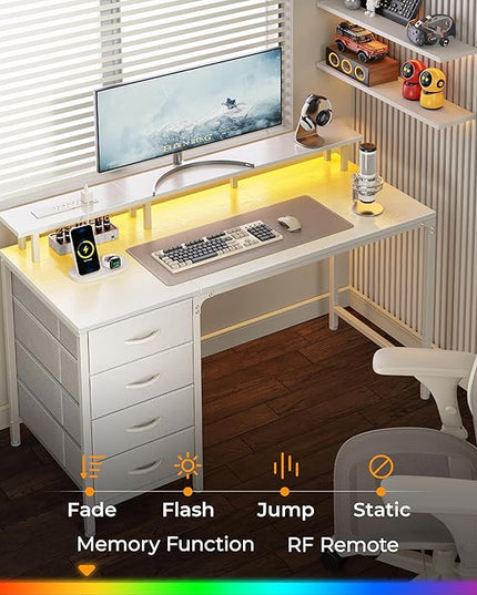 47 Inch Computer Desk with Power Outlets and LED Lights, Gaming Desk with 4 Drawers, Office Desk with Monitor Stand, Study Desk Work Desk for Home Office, Small Spaces, White - LeafyLoom