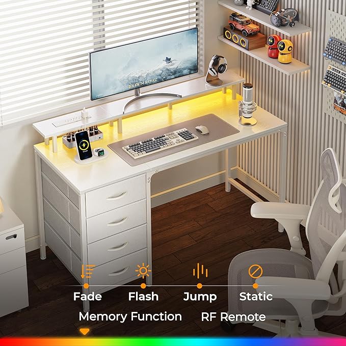 47 Inch Computer Desk with Power Outlets and LED Lights, Gaming Desk with 4 Drawers, Office Desk with Monitor Stand, Study Desk Work Desk for Home Office, Small Spaces, White - LeafyLoom