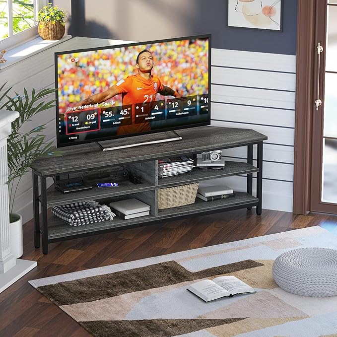 Unikito Corner TV Stand with Power Outlet, Corner Entertainment Center Media TV Console Table with 4 Open Storage Cabinet Shelve Wood TV Stand for Living Room For 55 inch TV, Gray Oak - LeafyLoom