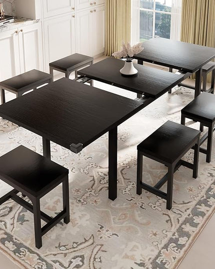 Feonase 7-Piece Dining Table Set with 6 Stools, 63" Large Extendable Kitchen Table Set for 4-8, Mid-Century Dining Room Table with Heavy-Duty Frame, Easy Assembly, Black - LeafyLoom