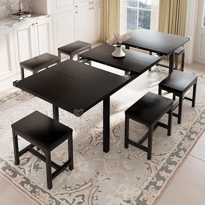 Feonase 7-Piece Dining Table Set with 6 Stools, 63" Large Extendable Kitchen Table Set for 4-8, Mid-Century Dining Room Table with Heavy-Duty Frame, Easy Assembly, Black - LeafyLoom