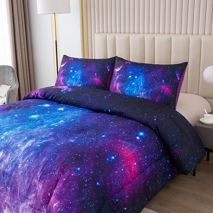 NINENINE Galaxy Bedding 5PCS Full Size Comforter Sets for Girls Space Bedding Set Girls Comforter Sets Full Purple Bedding Sets(1Comforter, 1Flat Sheet, 1Fitted Sheet, 2Pillowcases)… - LeafyLoom