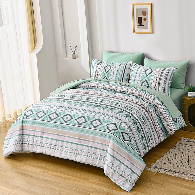 Dinjoy Boho King Size Bed in A Bag 7 Pieces,Sage Green Comforter Set Aztec Striped Bedding Set Bohemian Patchwork Complete Set Geometric Pattern Comforters for Women Men 90"×104" - LeafyLoom