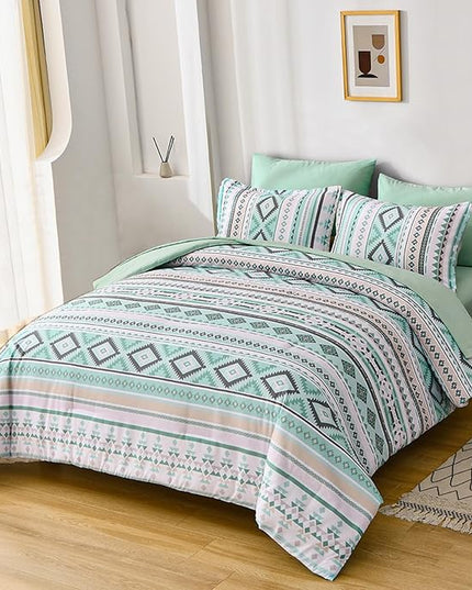 Dinjoy Sage Green Boho Comforter Set Queen Size,7 Pieces Bed in a Bag Queen Light Green Aztec Bedding Sets with Sheets Bohemian Geometric Striped Complete Set for All Seasons 90"x90" - LeafyLoom
