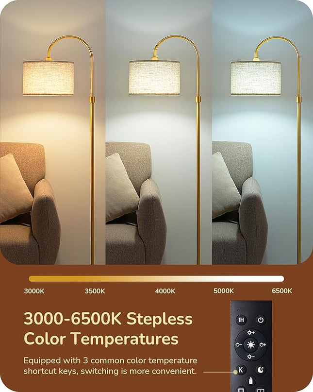 EDISHINE Modern Arc Floor Lamp with Remote, Dimmable Gold Floor Lamp, 3000K-6500K Color Temperatures, Tall Pole Reading Floor Lamps for Living Room Bedroom Office, Footswitch, LED Bulb Included - LeafyLoom