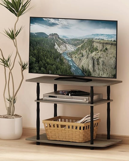 Furinno Turn-N-Tube No Tools 3-Tier Entertainment Center TV Stand for TV up to 32 Inch, Plastic Classic Tubes, French Oak Grey/Black - LeafyLoom