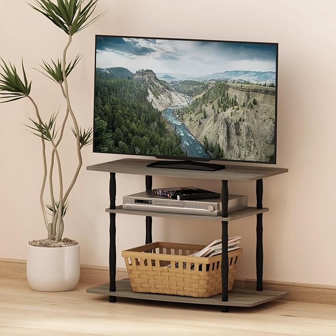 Furinno Turn-N-Tube No Tools 3-Tier Entertainment Center TV Stand for TV up to 32 Inch, Plastic Classic Tubes, French Oak Grey/Black - LeafyLoom
