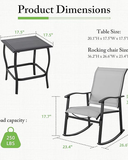 Shintenchi 3 Piece Rocking Bistro Set, Outdoor Furniture with Rocker Chairs and Glass coffee table set of 3, Balcony, Porch Furniture for Small Space, Light Gray - LeafyLoom