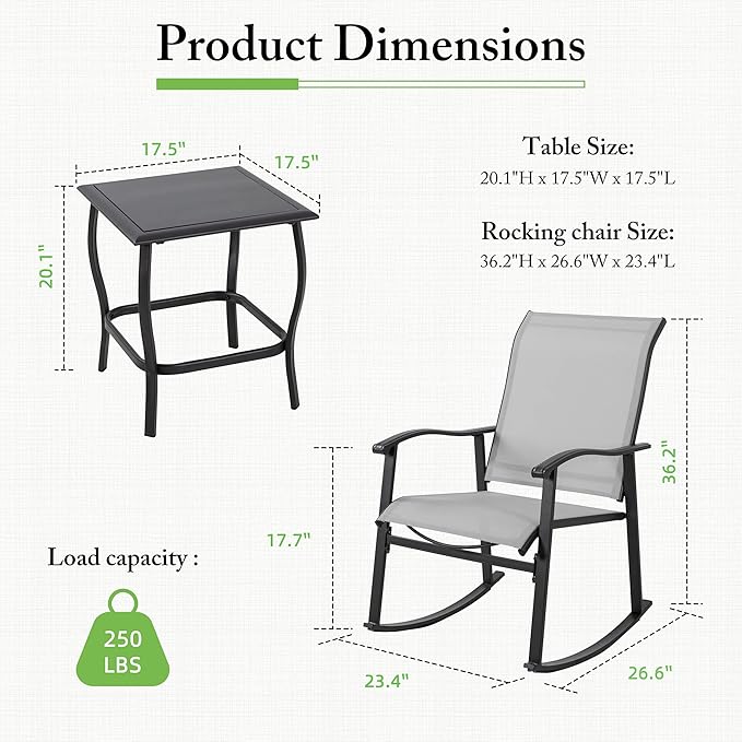 Shintenchi 3 Piece Rocking Bistro Set, Outdoor Furniture with Rocker Chairs and Glass coffee table set of 3, Balcony, Porch Furniture for Small Space, Light Gray - LeafyLoom