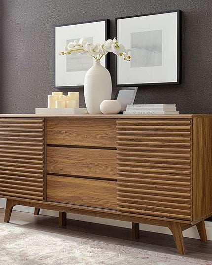 Modway Render 63" Mid-Century Modern Sideboard Buffet Table or TV Stand in Walnut - LeafyLoom